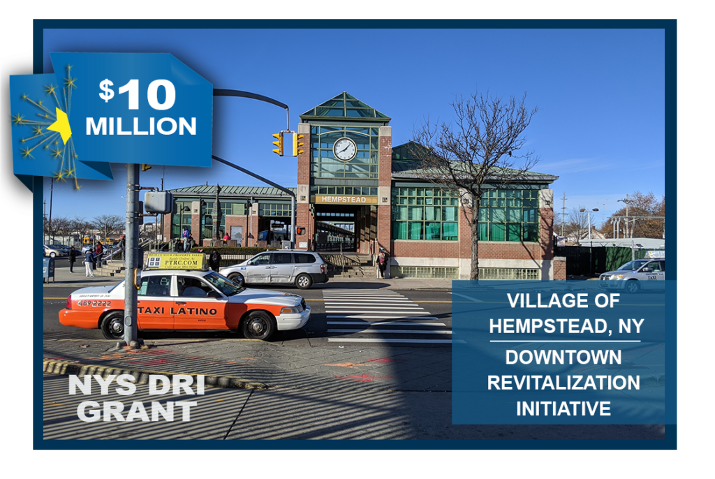 Hempstead NYS DRI $10 million award announcement featuring a photo of Hempstead Rosa Parks transit station.