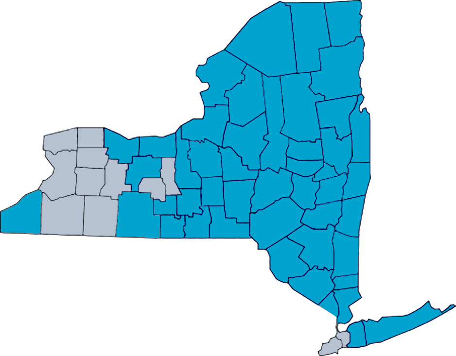 NYS County map indicating Laberge Group has worked in nearly every county in NYS