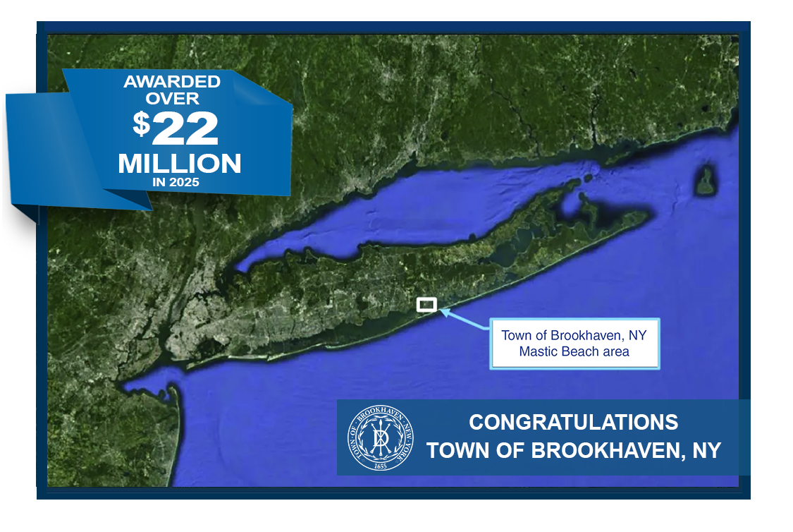 Map of Long Island NY with Town of Brookhaven, Mastic Beach indicated, bottom middle of island.